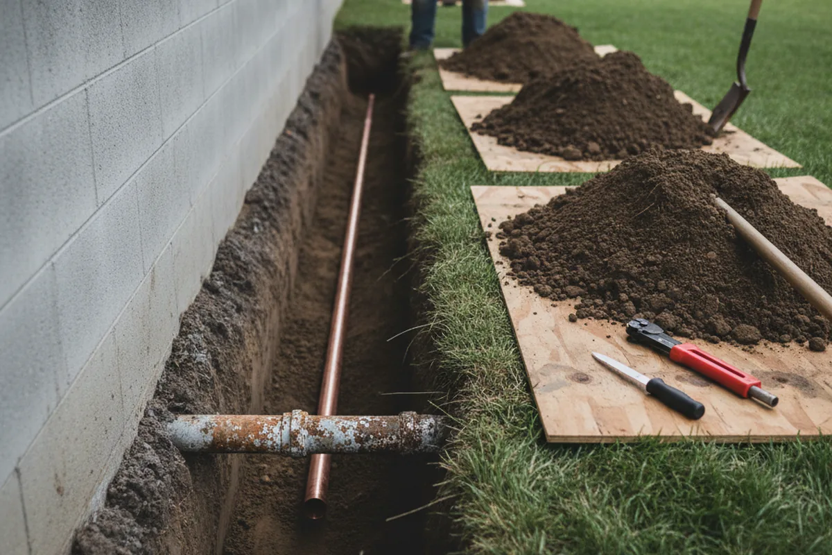 Excavated water line trench during Water Softener Installation in Bellbrook